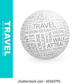 TRAVEL. Globe with different association terms.