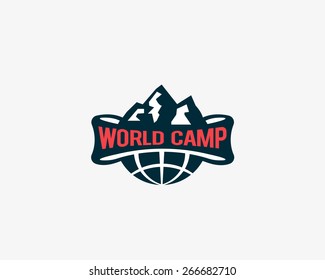 Travel, globe, earth, mountain, adventure, camp logo design. Quest, game, hike symbol