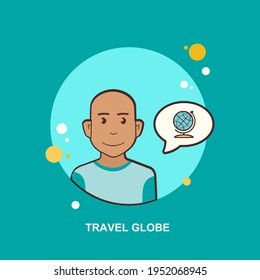 Travel globe with person standing front view on green background flat concept design