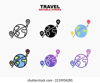 Travel with globe and pin icon set with different styles. Editable stroke and pixel perfect. Can be used for digital product, presentation, print design and more.