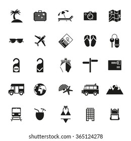 Travel Glyph Icon Set. Collection Of Solid Black Tourism And Vacation Vector Symbols