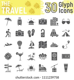 Travel glyph icon set, tourism symbols collection, vector sketches, logo illustrations, holiday signs solid pictograms package isolated on white background, eps 10.