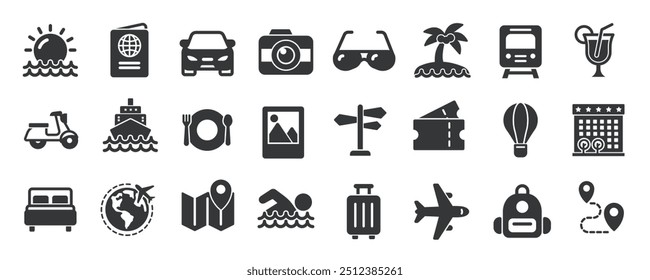 Travel glyph solid icons collection. Containing holiday, vacation, summer, tourism. Minimal icon and symbol series vector illustration