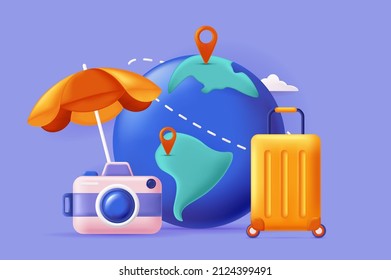 Ilustración 3D del concepto de viajes y vacaciones. Composición de iconos con pines de ruta de viaje en el globo, equipaje, paraguas y cámara fotográfica. Turismo global. Ilustración vectorial para diseño web moderno