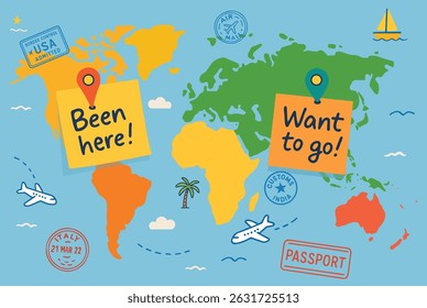 Travel Goals Map  Been Here and Want to Go Travel Concept Illustration
