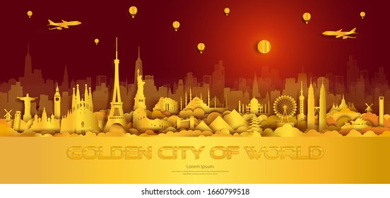 Travel gold city landmarks of world Important architectural monuments of the world,Tourism with panoramic landscape paper cut style,Use for travel poster and postcard, wallpaper, Vector illustration.