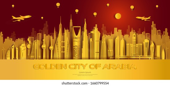 Travel golden city landmarks middle east architectural monuments of the world, Tourism with panoramic landscape paper art golden style for travel poster, postcard, wallpaper, Vector illustration.