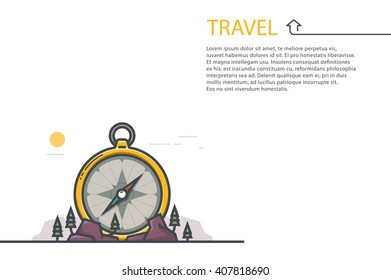 Travel. Golden compass. Outline vector illustration.