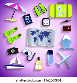 travel goods top view on a purple background
