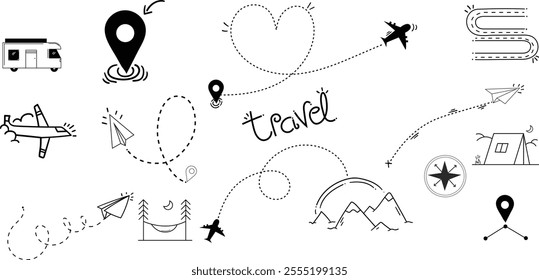 Travel Graphics design set,Hand Drawn travel effect set,Tour card scribbles,tour dairies effect set.