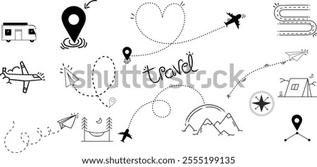Travel Graphics design set,Hand Drawn travel effect set,Tour card scribbles,tour dairies effect set.