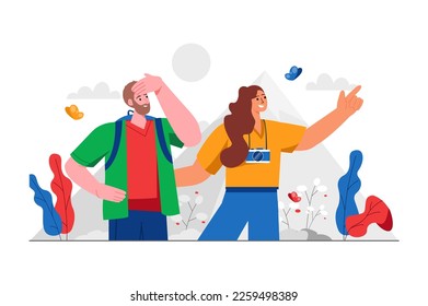 Travel gray concept with people scene in the flat cartoon design. Young couple go to an interesting trip to have a cool vacation. Vector illustration.