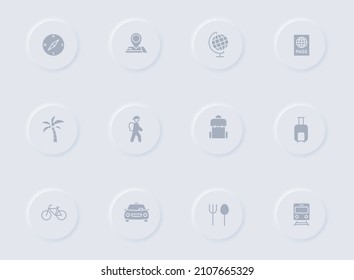 auf runden Gummiknöpfen grau hinterlegte Vektorsymbole. Reisesymbol für Web-, Mobil-Apps, i-Design und Promo-Polygrafie