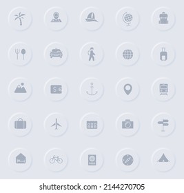 travel gray vector icons on round rubber buttons. travel icon set for web, mobile apps, ui design and promo business polygraphy