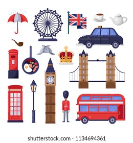 Travel to Great Britain design elements. England and London tourist landmarks, national symbols and food illustration. Vector cartoon isolated icons set.