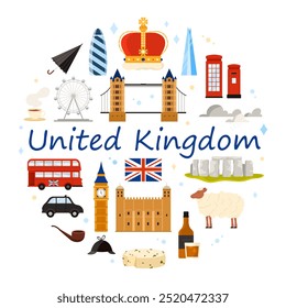 Viaje para o Reino Unido da Grã-Bretanha e Londres em torno do design de banner. Elementos culturais e monumentos de arquitetura, Torre Big Ben e Stonehenge, comida e bebida inglesa em círculo desenho animado vetor ilustração