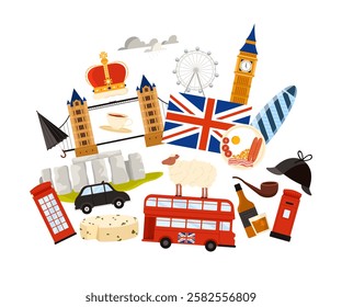 Travel to Great Britain Kingdom, London set. Famous culture elements and city landmarks in infographic collage, country flag, red bus and telephone booth, English food cartoon vector illustration