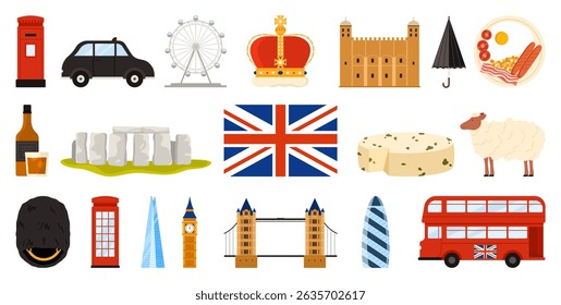 Viaje para o Reino Unido e Londres, cultura e arquitetura monumentos adesivos definidos. Inglês café da manhã comida e uísque garrafa, ponte e torre do relógio, bandeira cartoon ilustração vetor