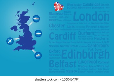 Travel Great Britain template vector. Vector showing the plane, car, train and ship approaching the blind British map. Transparent names of British landmarks are on the right side of the vector.