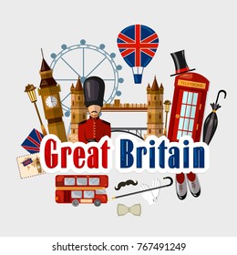 Travel to Great Britain. Traditions and culture,  Welcome to England. Collection of symbolic elements. Template travel background 