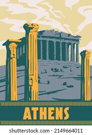 Travel to Greece Athens Poster Travel, columns ruins temple antique, old Mediterranean European culture and architecture. Vintage style vector illustration