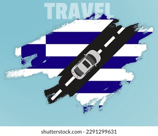Travel to Greece by car, going holiday idea, vacation and travel banner concept, car on the road with Greece flag, international car travel, automobile going on a way, top view