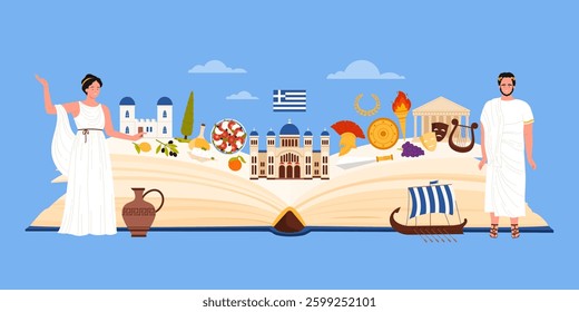 Travel to Greece collage with open book, landmarks and culture elements, food. Greek man and woman in ancient white chiton and toga, Santorini houses with blue domes cartoon vector illustration
