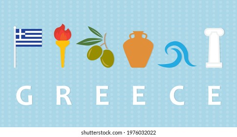 travel to Greece concept; flag, torch, olives, clay amphora, sea and greek ancient column - vector illustration