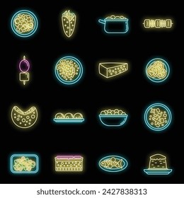 Travel Greece food icons set. Outline set of Travel Greece food vector icons neon color on black