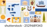 Travel to Greece, geometric color collage design. Ancient Greek culture elements and ethnic pattern, map and flag, Santorini building and Pantheon temple, food in square cartoon vector illustration