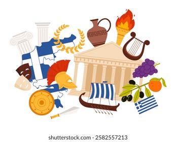 Travel to Greece, Greek ancient culture and food, landmarks famous elements in infographic collage. Country map and flag, olives and grapes, Parthenon temple and vase cartoon vector illustration