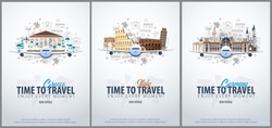 Travel To Greece, Italy And Germany. Time To Travel. Banner With Airplane And Hand-draw Doodles On The Background. Vector Illustration