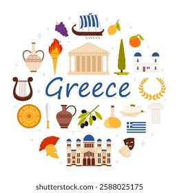 Travel to Greece round banner design with Greece text and culture elements in circle. Country flag and ancient Greeks decoration, old ruins and temples, famous food cartoon vector illustration