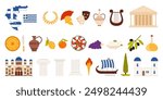 Travel to Greece set. Greek ancient culture and heritage landmarks, Mediterranean food and wine, famous tourists symbols and decoration collection, map and flag of Greece cartoon vector illustration