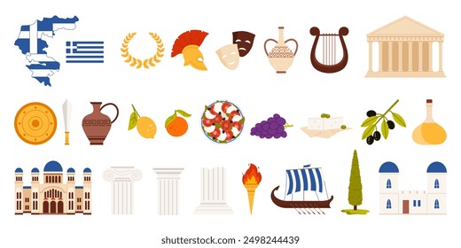 Travel to Greece set. Greek ancient culture and heritage landmarks, Mediterranean food and wine, famous tourists symbols and decoration collection, map and flag of Greece cartoon vector illustration