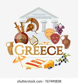 Travel to Greece. Traditions and culture,  Welcome to Greece. Collection of symbolic elements. Template travel background 