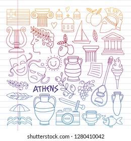 Travel to Greece. Vector set with doodle style icons