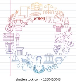 Travel to Greece. Vector set with doodle style icons