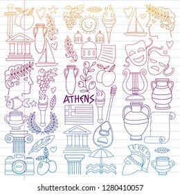 Travel to Greece. Vector set with doodle style icons