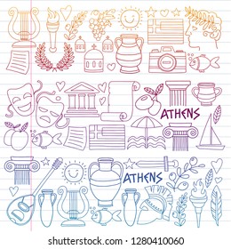 Travel to Greece. Vector set with doodle style icons