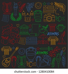 Travel to Greece. Vector set with doodle style icons