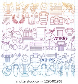 Travel to Greece. Vector set with doodle style icons
