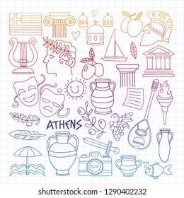 Travel to Greece. Vector set with doodle style icons