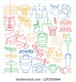 Travel to Greece. Vector set with doodle style icons