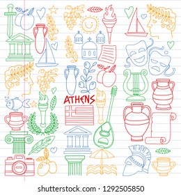 Travel to Greece. Vector set with doodle style icons
