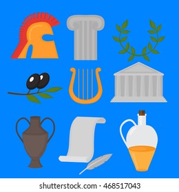 Travel Greek Culture Landmarks and cultural features flat icons design set