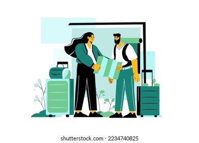 Travel green concept with people scene in the flat cartoon design. Woman shows the man the place on the map where they will go on a trip. Vector illustration.