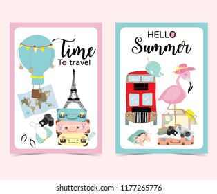 Travel greeting card with suitcase,flamingo,narwhal,balloon,eiffel tower, bus, map and sandal