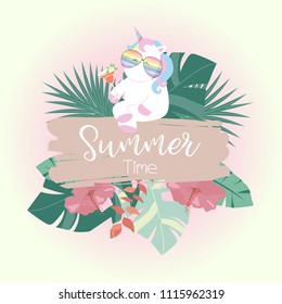 Travel greeting card with unicorn,leaf,flower in summer time