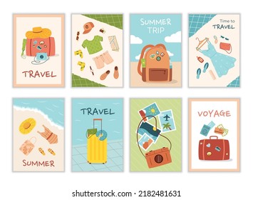 Travel greeting cards. Cute kid summer photo frame for album or booklet, cover for poster or party booth. Tourist baggage, vintage voyage luggage, beach trendy clothes vector poster design template